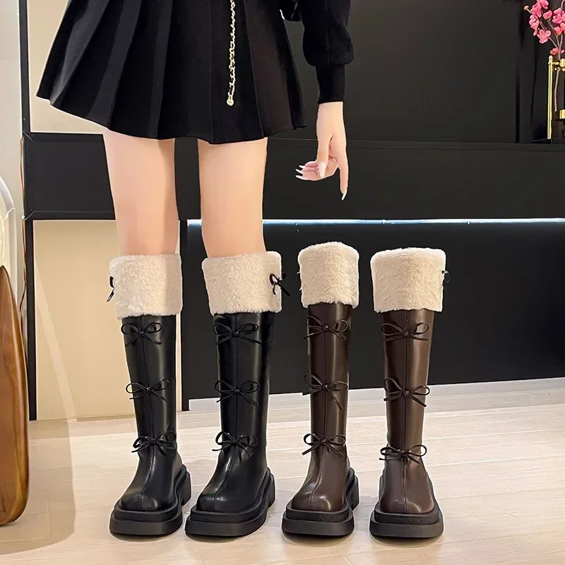 Leather velvet Knee High Boots For Women Winter Fashion bow Platform Knight Boots Woman Fashion Cross-Tied Botas Mujer 2024