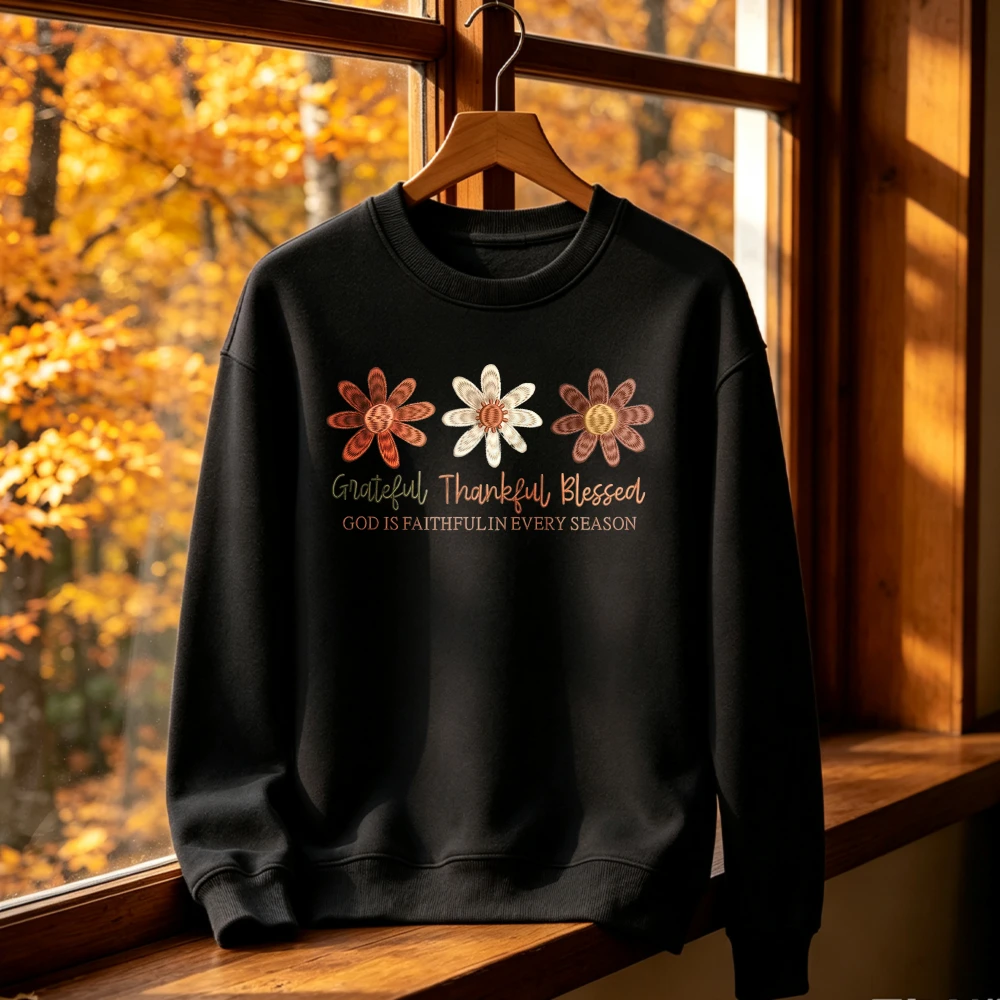Christian Fall Season Design Hoodie Grateful Thankful Blessed Quote Machine Sweatshirt Winter Clothes Women Clothes Autumn Fall