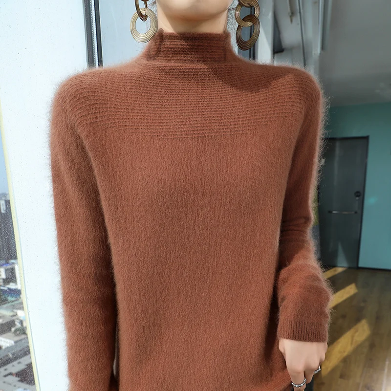 100% mink cashmere sweater Autumn winter new women's half turtleneck pullover fashion solid color knitted warm base shirt top