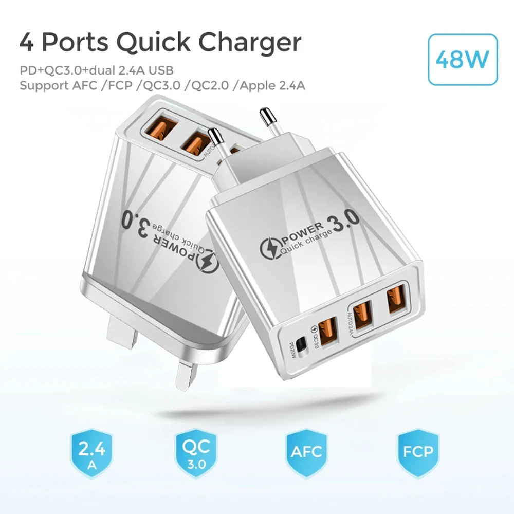 USB Tipo C PD Carregador Rápido para Celular, Carregador de Parede, UE, EUA Plug, iPhone 12, 13 Max, Samsung S21, Huawei, Xiaomi, 48W, QC 3.0