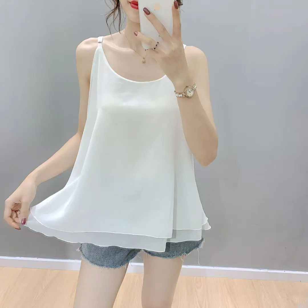 Summer Women Vest Tops Medium Long Style Sleeveless Loose Strap Chiffon Vest Tops