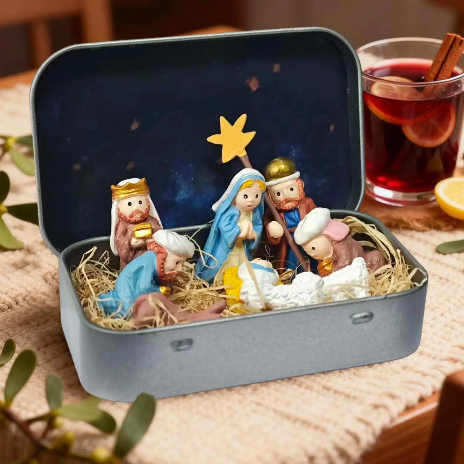 Holiday Exchange Gifts Handcrafted Miniature Christmas Nativity Set Tin Box Holy Family Ornament Pocket Nativity Scene Gift view 4