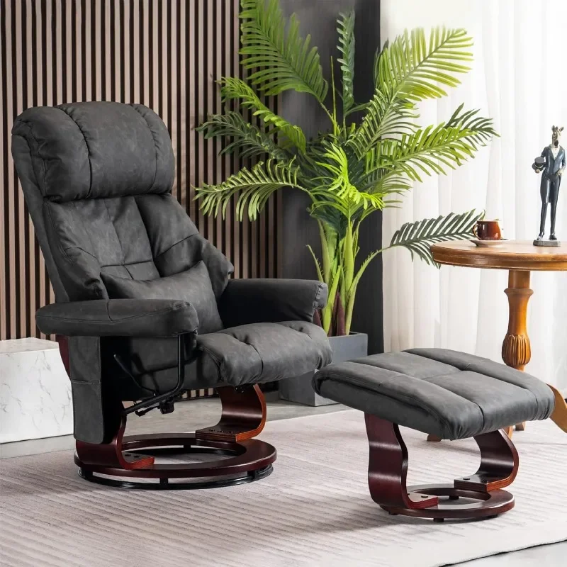 Recliner with Ottoman Reclining Chair with Vibration Massage, 360 Degree Swivel Wood Base, Faux Leather 9068 (Dark Grey)