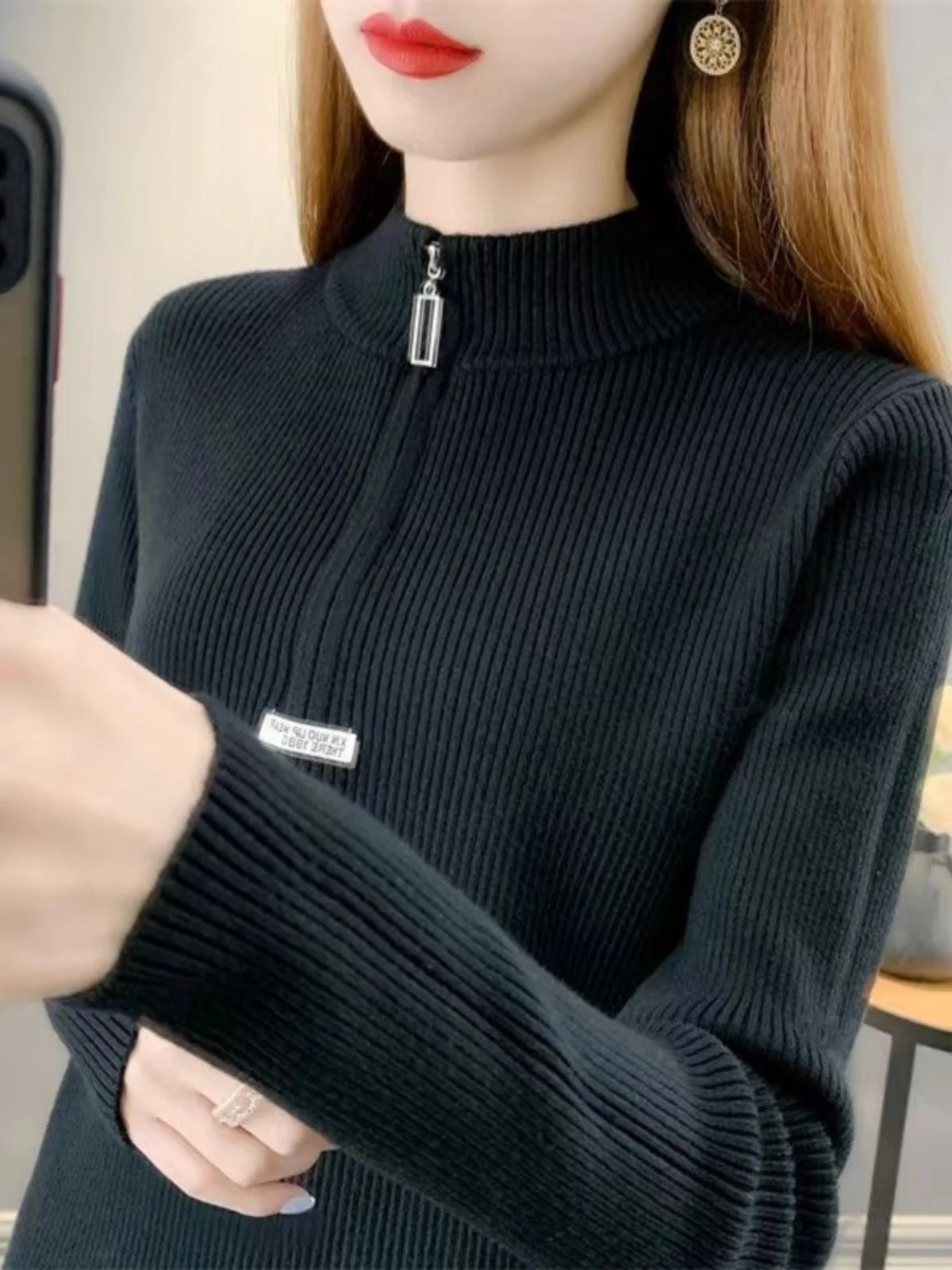 

Женский вязаный свитер со средним и высоким воротником на молнии, теплый дизайн Fce Base irt, осень-зима, новый Sle Street, свободный крой, длинный...