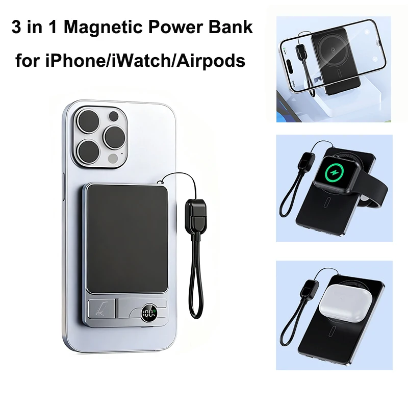 

Slim 3 in 1 Magnetic Power Bank For Apple Watch Wireless Fast Charger For Magsafe Powerbank for iPhone 16 15 14 iWatch 9 Airpods
