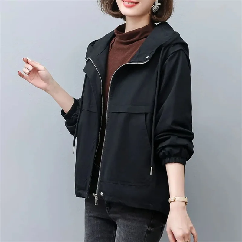 

Women 2025 New Single Autumn Korean Streetwear Long-Sleeved Short Hooded wild Windbreaker Female Outwear Coats Trench Coat