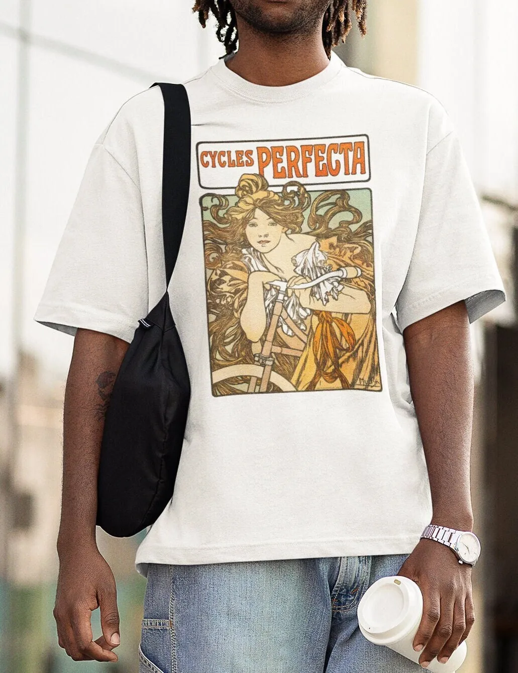 Oversized T Shirt Alphonse Mucha Art Nouveau Dropshoulder Vintage Cyclist Aesthetic Streetstyle