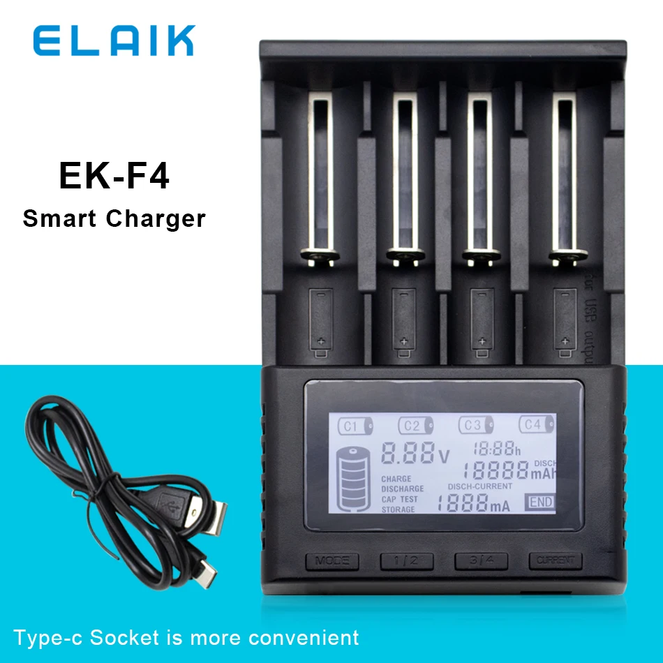 EK-F4 18650 Charger LCD Display Universal Smart Charger Test Capacity 26650 18650 21700 AA AAA Battery 4slot 5V