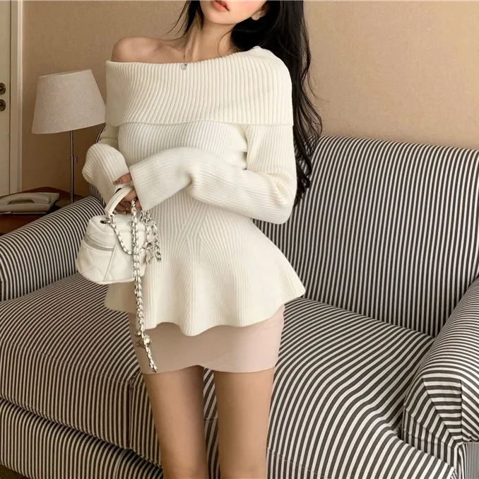 7864 خريف شتاء جديد نمط عطرة اجتماعية خارج الكتف الخصر المجوف كشكش تصميم مثير