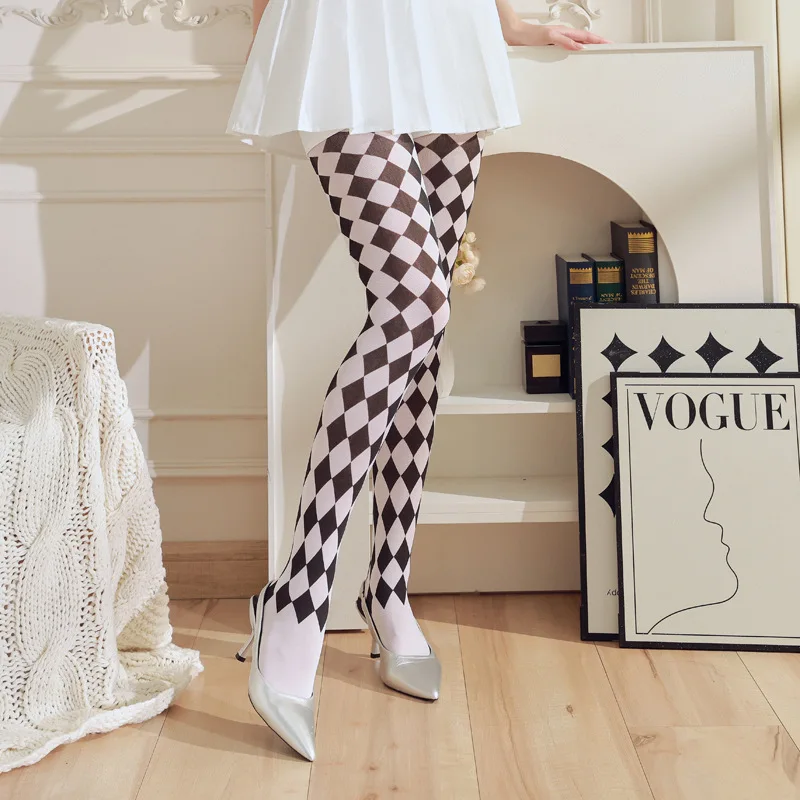 Retro Diamond-shaped Women Pantyhose Black White Checkerboard Pattern Anime Cosplay Hottie Sexy Tights