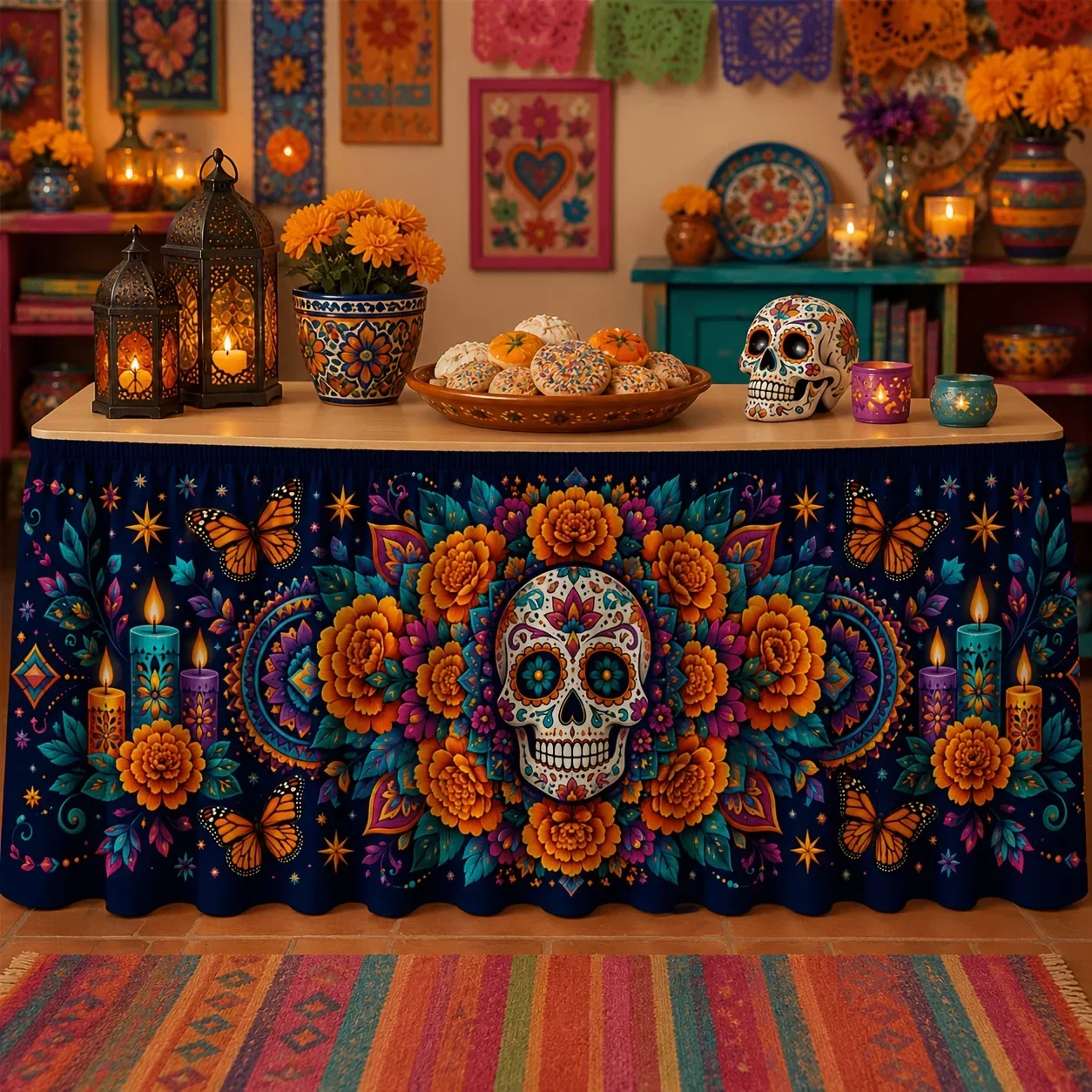 One table skirt, polyester floral sugar skull print decoration, suitable for Mexican festivalsxzj