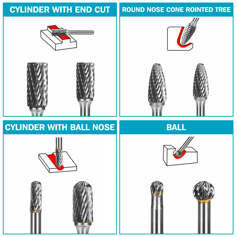 1/4 6mm Shank Tungsten Carbide Rotary Burr Bur Die Grinder Carving Bits 8Pcs