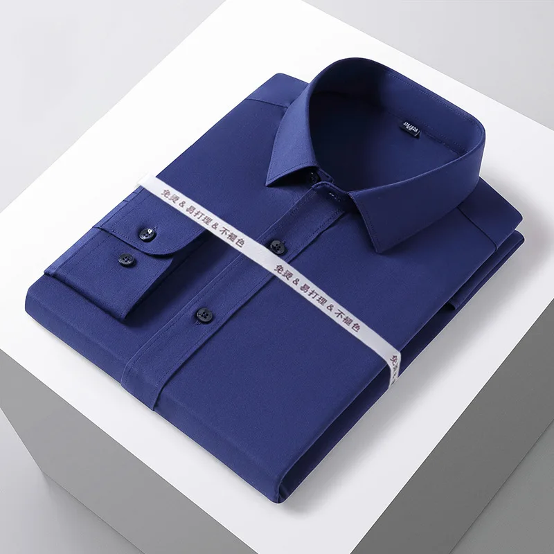 جودة تمتد الرجال قميص ألياف الخيزران طويلة الأكمام المضادة للتجاعيد سليم موضة عادية الأعمال مكتب قميص أبيض ملابس للرجال