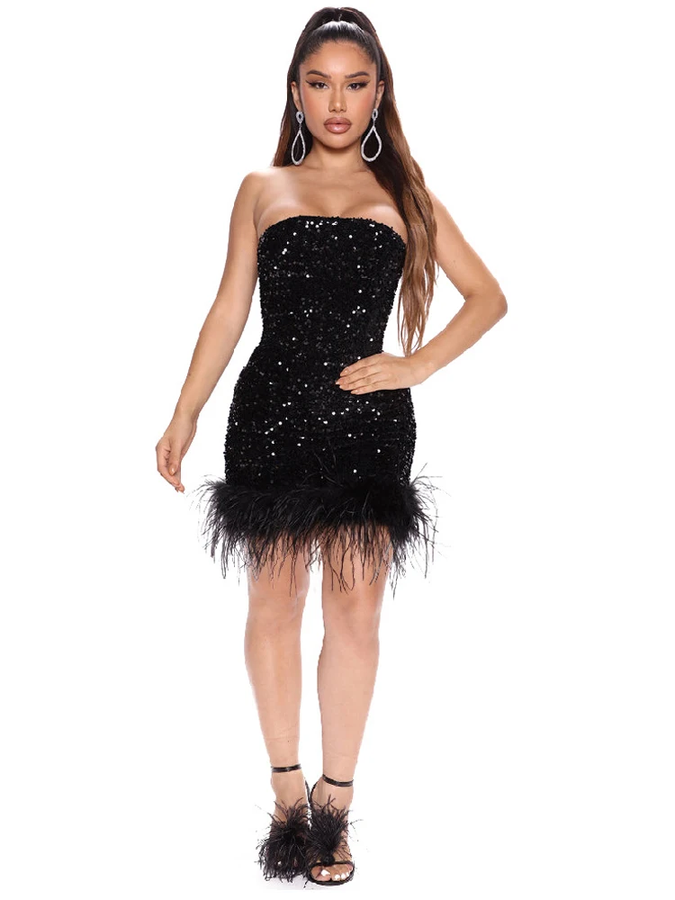 

Women's Ball Dress Sequin Feather Solid Color Midi Bag Buttocks Short Skirt Fashionable Nightclub Sexy Strapless Luxury Dress