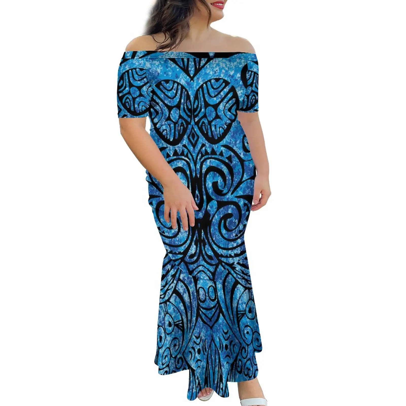 New Polynesian Tribal Design Tapa Floral Print Fishtail Mermaid Dresses Women Custom Big People Off Shoulder Evening Dresses