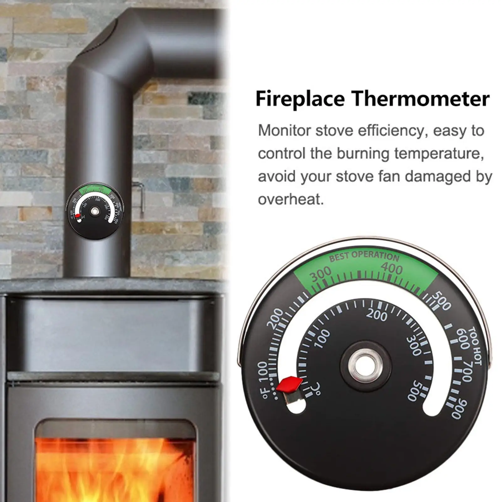 Wood Burning Stack Thermometer Stovepipe Thermometer Measures Temperatures on Top Fireplace Accessories for Avoiding Stove Fans