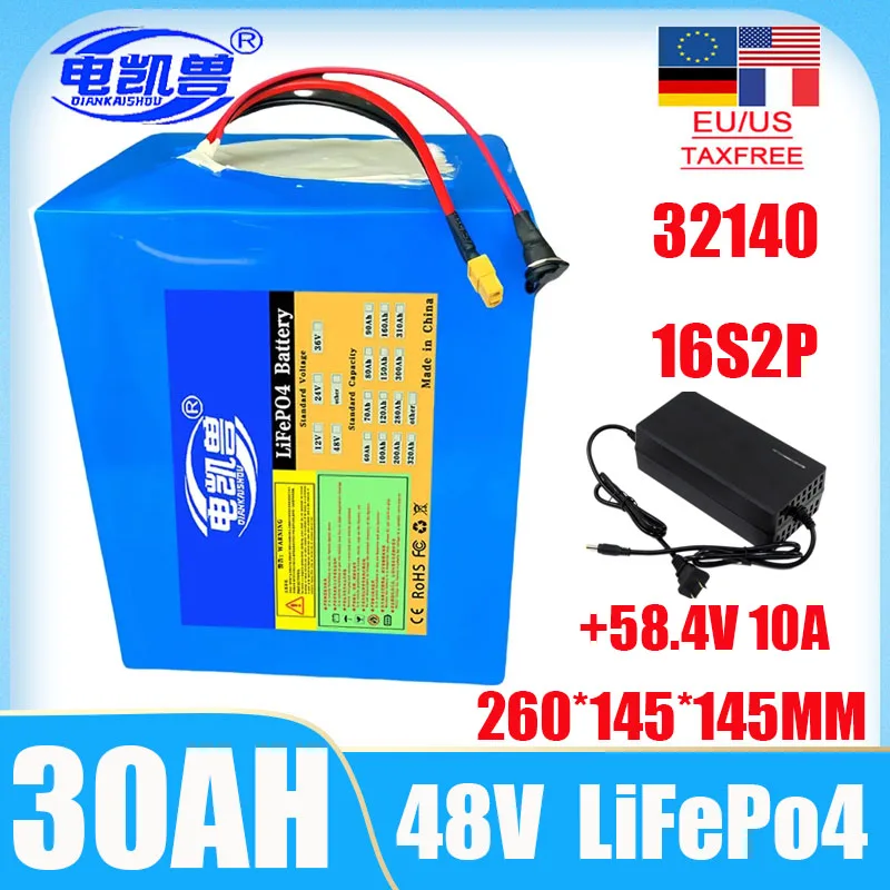 New 48V 30ah LiFePo4 Battery Pack 32140 Built in BMS 0-2500W Motor High Power Lithium Iron Phosphate Rechargeable Battery