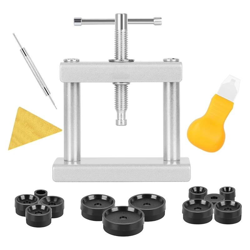 Conjunto de ferramentas de imprensa de relógio, conjunto de imprensa de relógio mais próximo de caixa traseira com 12 moldes, imprensa de cristal de relógio, para tampas de fechamento