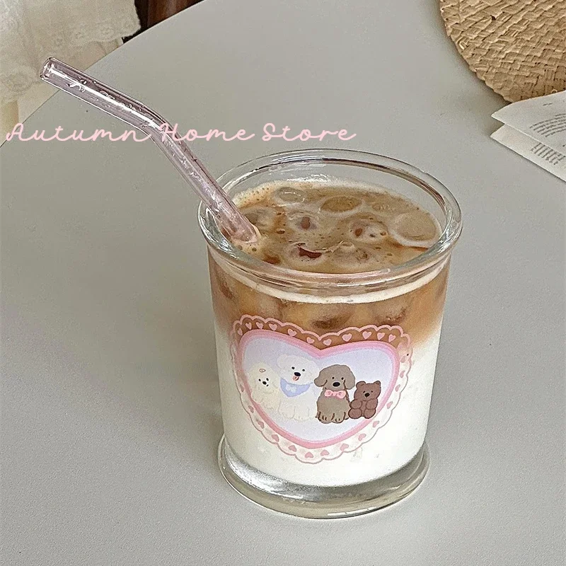 

Sweet and Lovely Pink Love Dog Glass Cup Cold Brew Coffee Breakfast Water Cup Hand-held Cup