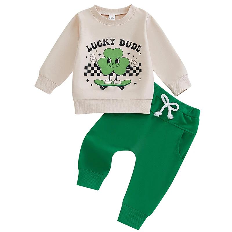 

Baby Boy Fall Outfit Checkerboard Shamrock Print Long Sleeve Sweatshirt and Elastic Pants 2 Piece Clothes for Toddler