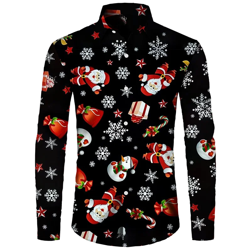 Papai Noel masculino estampado camiseta de manga comprida, roupa casual de férias, camisa com botão Four Seasons, top masculino personalizado