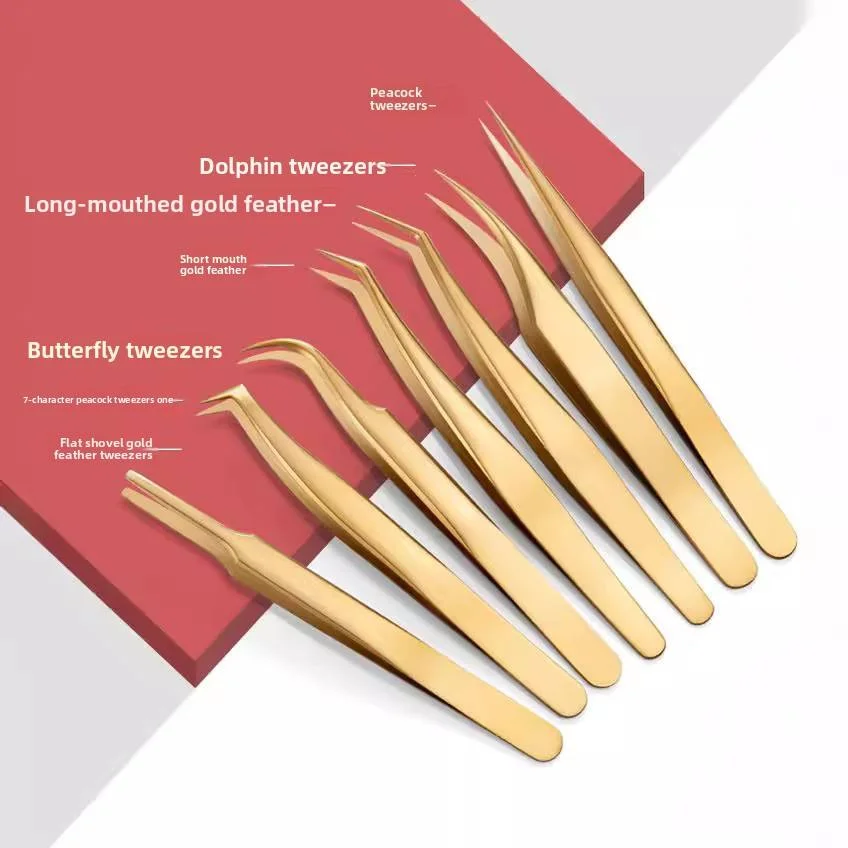 Pinzas para Pestañas y Extensión, Juego de Pinzas de Alta Precisión Apertura, Pinzas Plumas Doradas y Rizador, Kit Completo