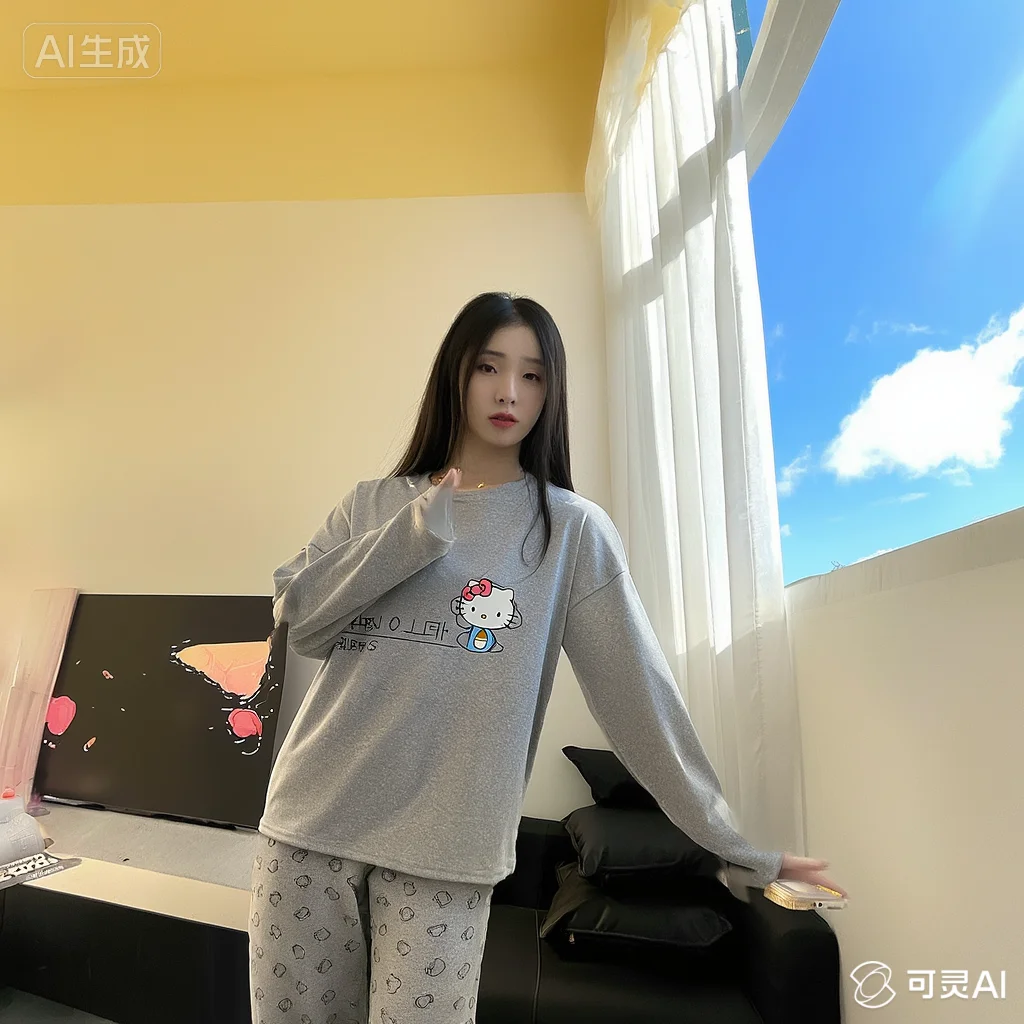 

Fresh Kawaii Hello Kitty Pajamas Sanrio Sweet Ferret Autumn Winter Stay At Home Leisure Can Be Worn Outside Screwhead Cute Girl