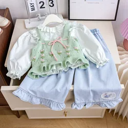 Children's Clothing Sets Floral Knit Sweater + Doll Collar Shirt + Jeans 3pcs Toddler Girl Clothes Kids Boutique Clothes