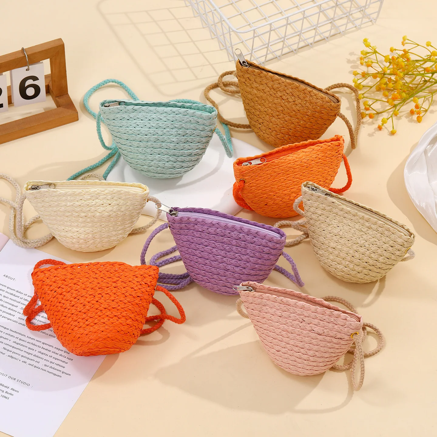 Fashion Woven Straw Shoulder Bags Cute Travel Crossbody Bag Solid Color Girl Coin Purse Summer Children Beach Bag