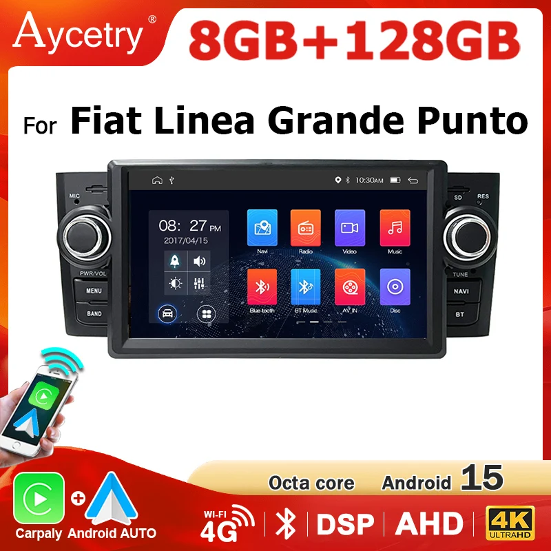 Autoradio sans fil CarPlay Android 15, écran multimédia 7 pouces pour Fiat Grande Punto Linea 2005-2013, autoradio stéréo