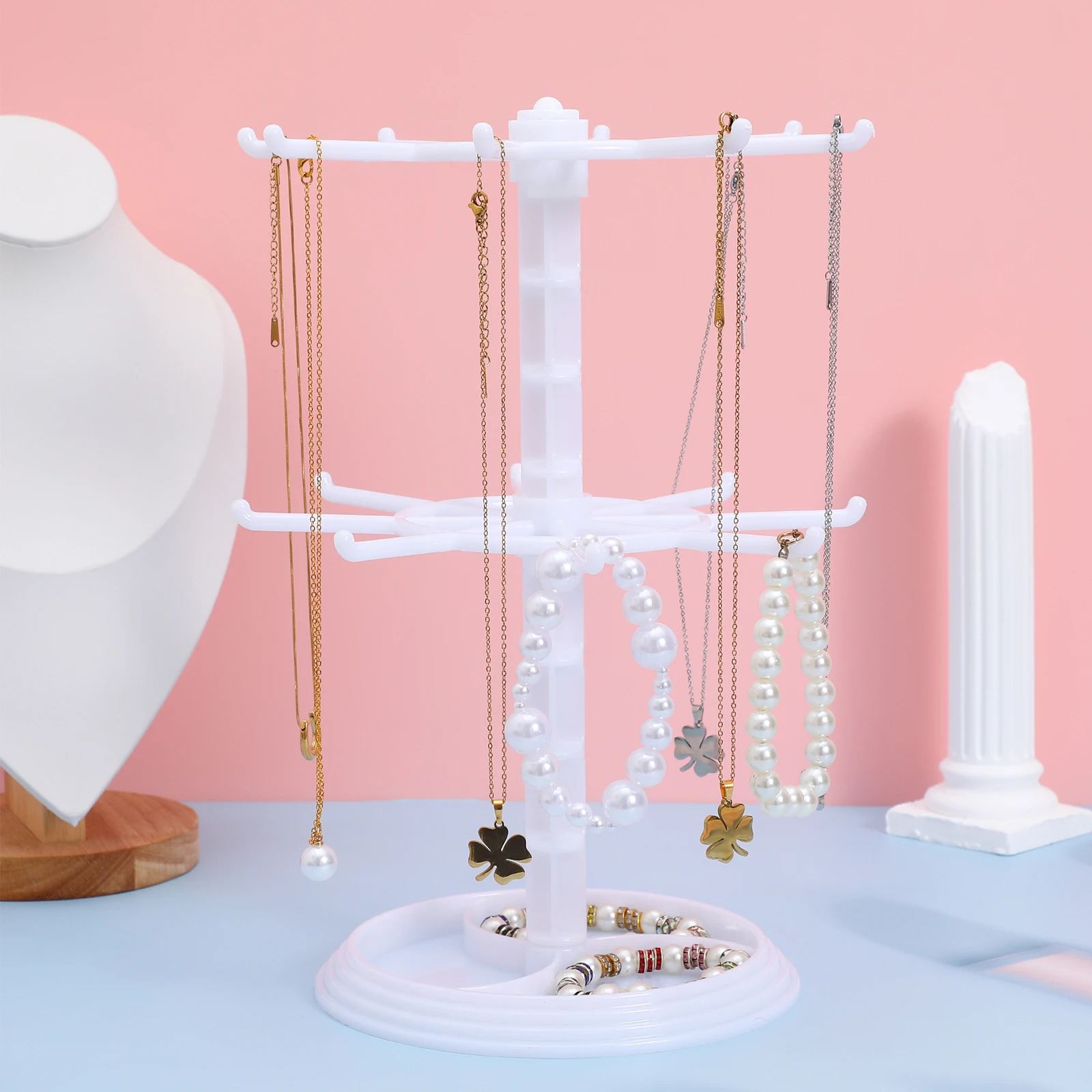 

2 Tier Rotating Jewelry Display White Plastic Organizer For Necklaces Bracelets Earrings Rings Storage Tower Holder Retail