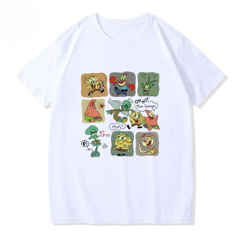 Nuevo lanzamiento de Bob Esponja, pantalones cuadrados con estampado de dibujos animados, Top Universal de manga corta holgado y a la moda para hombres, mujeres y niños