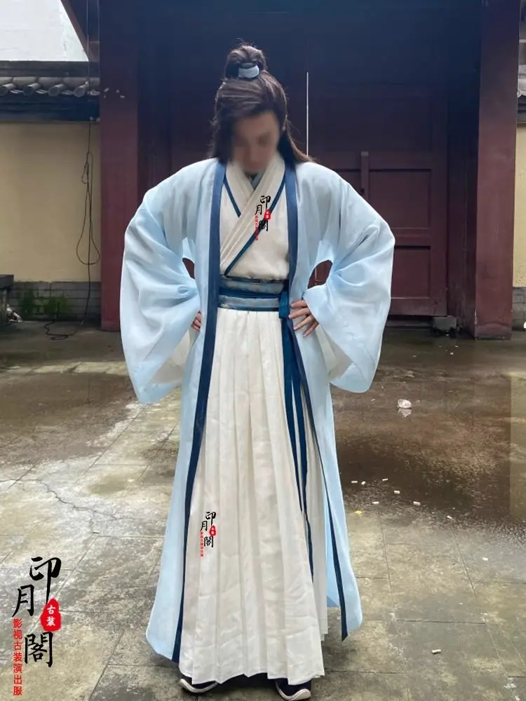 Blue and white men's Hanfu with the same style as movies and TV shows, featuring a Wei Jin style elegant long sleeved shirt,