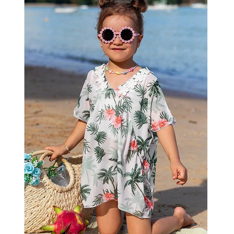 Summer Girls Swim Cover-Up Resort Style Loose Breathable Sun Protection Beach Cover-Up Kids Chic Swimming Thin Long Coat 7-11Y