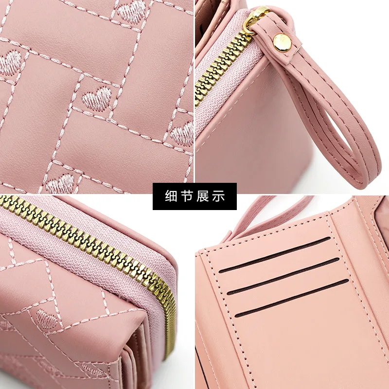 New PU three fold bag card bag multi-card wallet clip women's short purse simple embroidered love