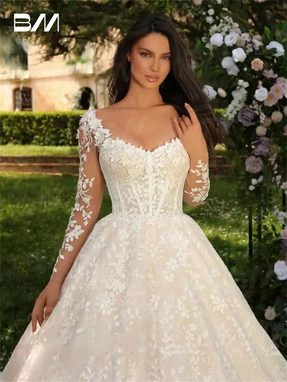 Vestidos de casamento linha a de renda doce para mulheres 2025, vestido de noiva personalizado com mangas de ilusão completa, vestido de noiva com cauda de corte