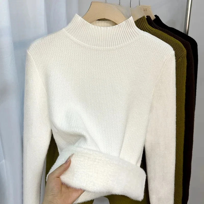 Half High Collar Women's Clothing Solid Color Pullover Long Sleeve Screw Thread Sweater Knitted Elegant Office Lady Sweet Tops