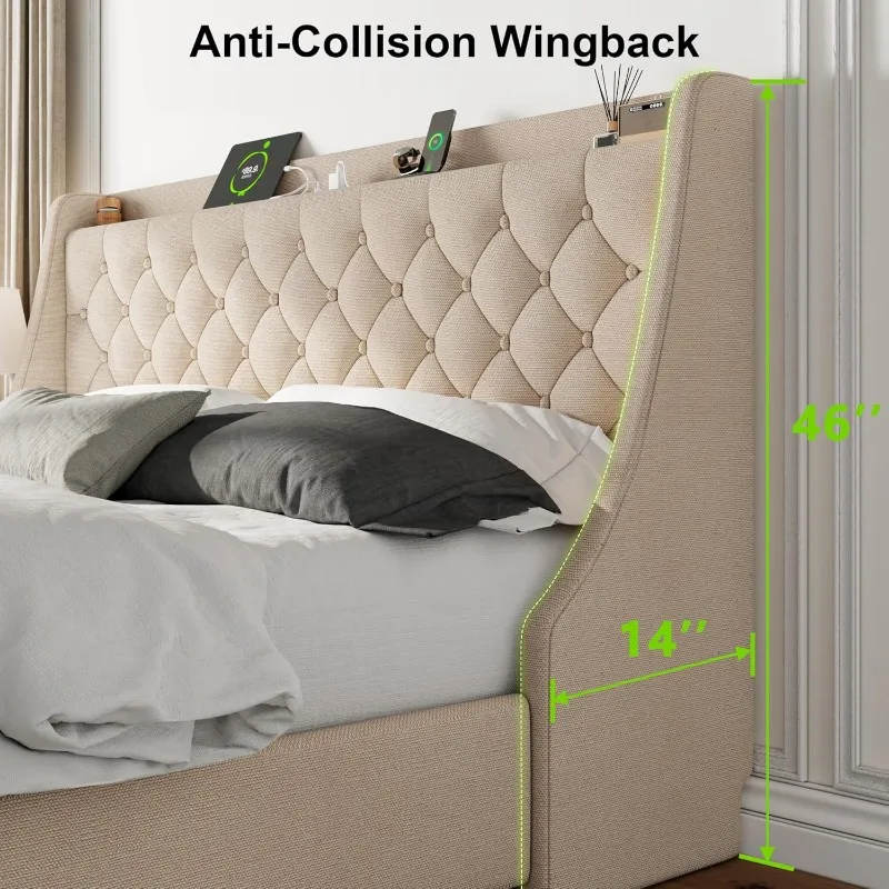 Upholstered Storage Bed with Charging Station, Tufted Wingback Storage Headboard, No Box Spring Needed, Beige