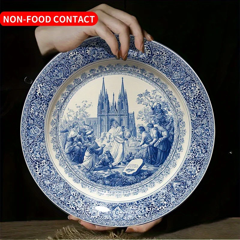 Placa de parede redonda de cerâmica azul e branca vintage, placa decorativa floral de 8 espaços adequada para colar e exibição, durável, 1 peça