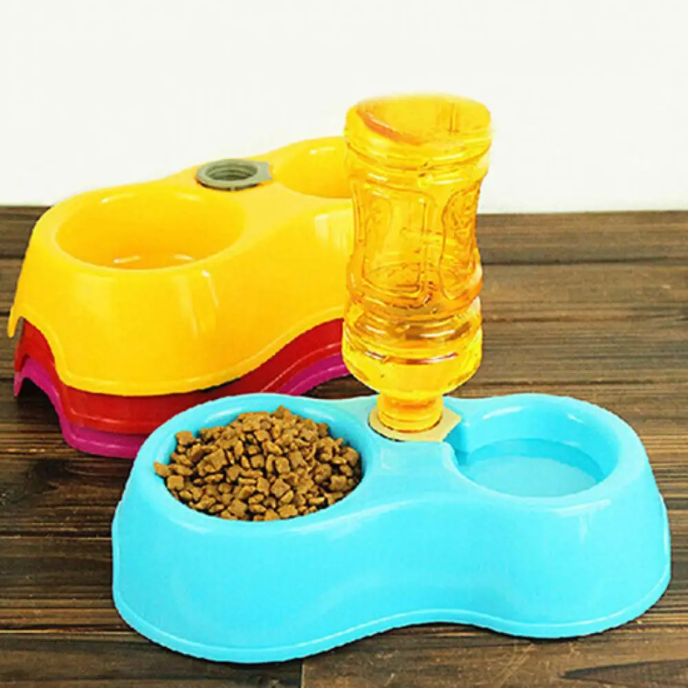 2 in 1 Pet Bowl Non-Slip Double Cat Bowl Pet Water Dispenser Bowls Bottle Inserted Feeding Bowls Automatic Food Supply Bowl