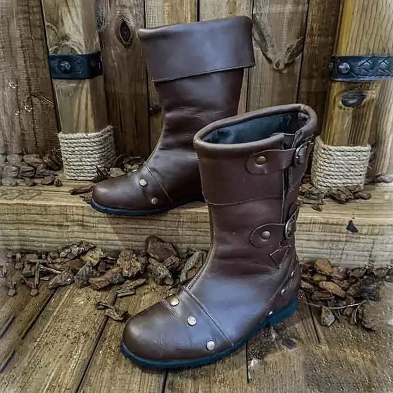 Herren Retro PU-Leder Halbhohe Stiefel mit Nieten und Schnallendetails, Lässiges Design, Klobige Sohle, Casual Outdoor Western-Stiefel – Detail 2