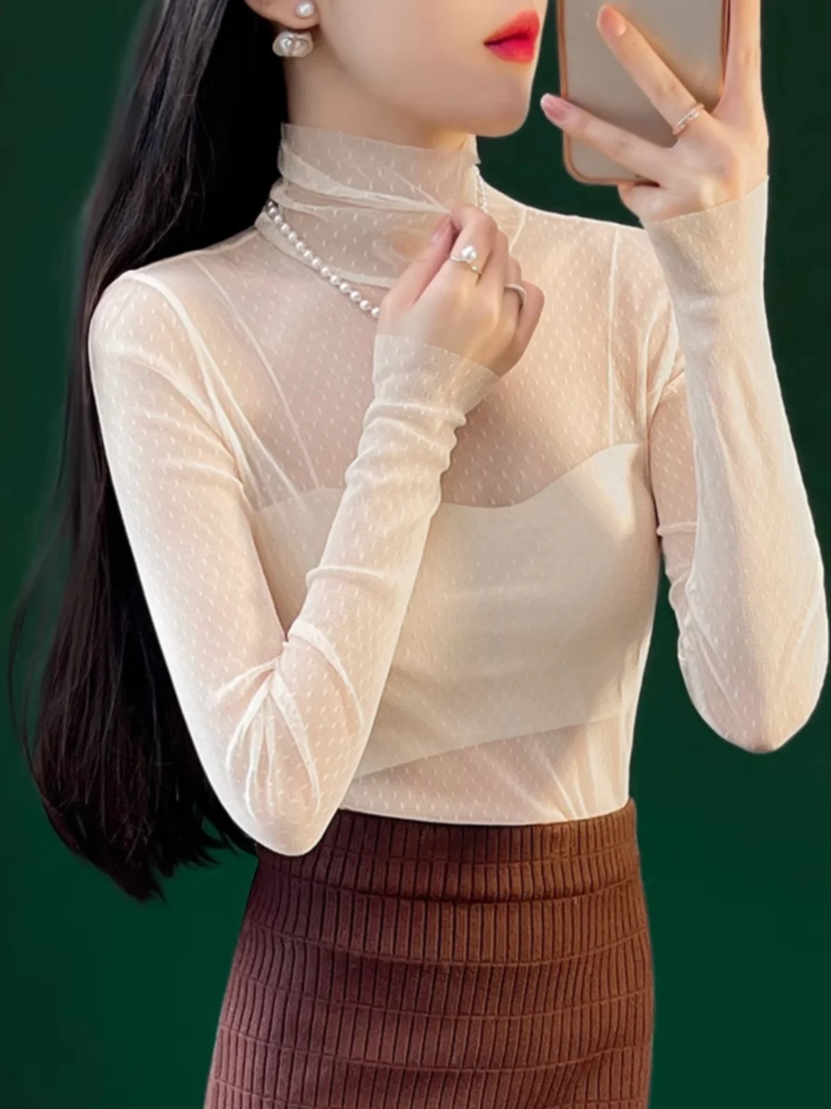 

High Collar Lace Base Shirt Women Spring Autumn New Style Inner Wear Transparent Thin Long Sleeve Elegant Fashion Mesh Top