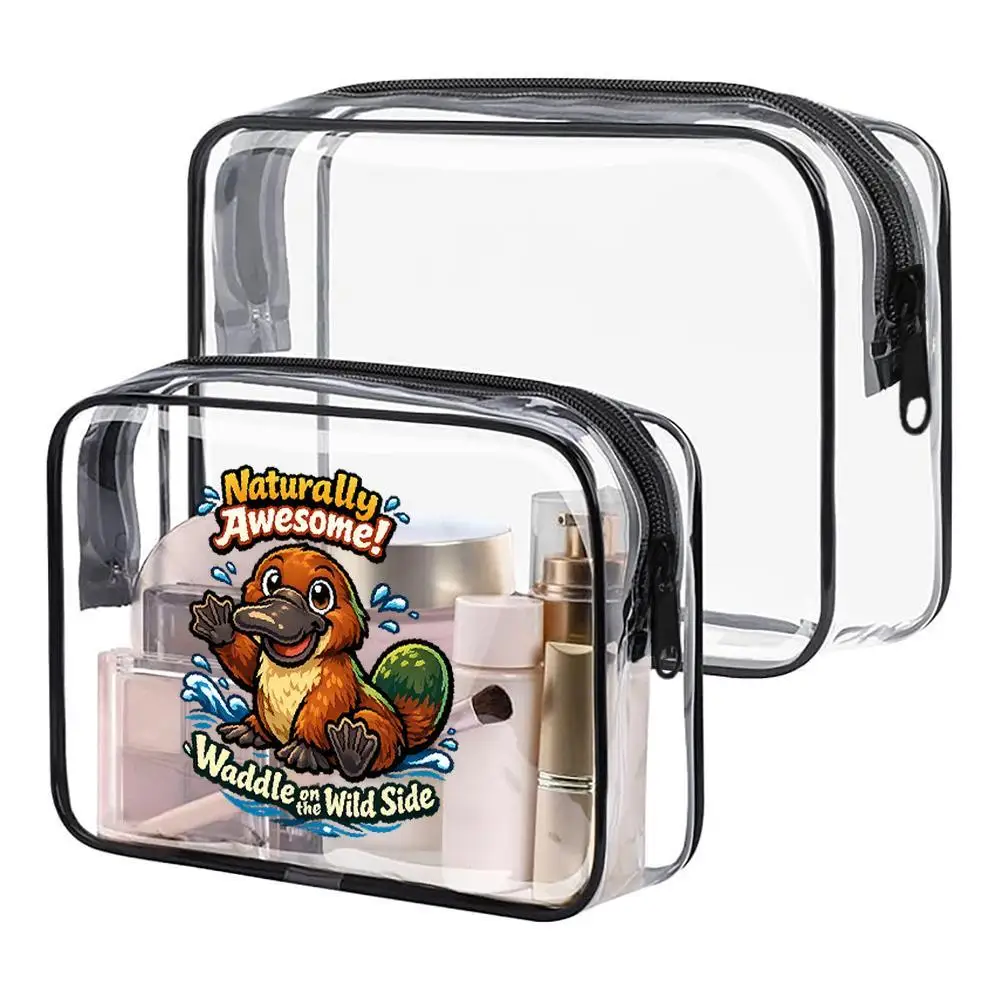 Cartoon Platypus Clear PVC Zipper Makeup Bag Kawaii Cartoon Style With Blue Water Splashes Playful Slogans Portable Transparent
