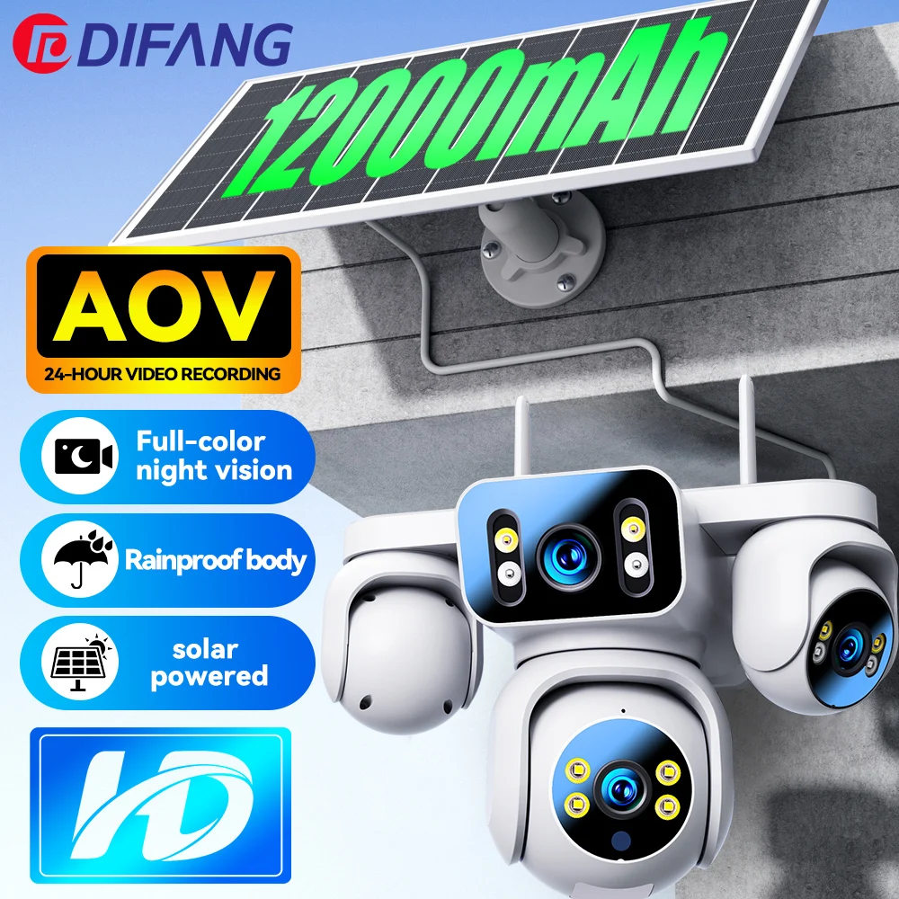 

DIFANG 8K 15MP 4G Sim Card AOV Solar Cam 12X Zoom Three Screen 12000mAh Battery Security Solar CCTV Wireless 4G Surveillance IP