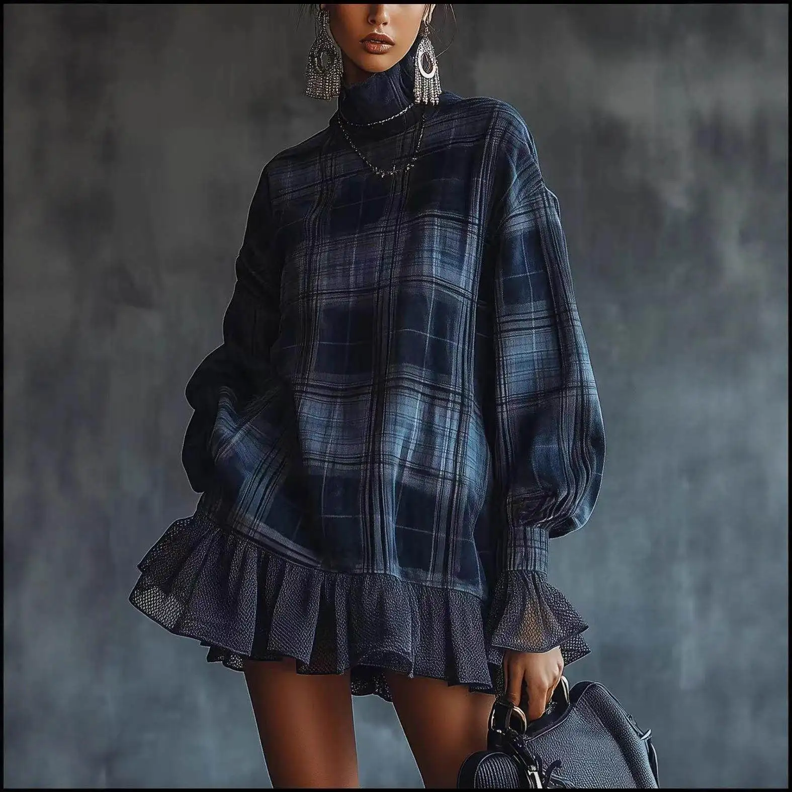 

Ele Spring Plaid Design Women's Dr Set with Ruffle Hem A-Line Skirt Long Sve Commute Sle mid Waist Fit Body