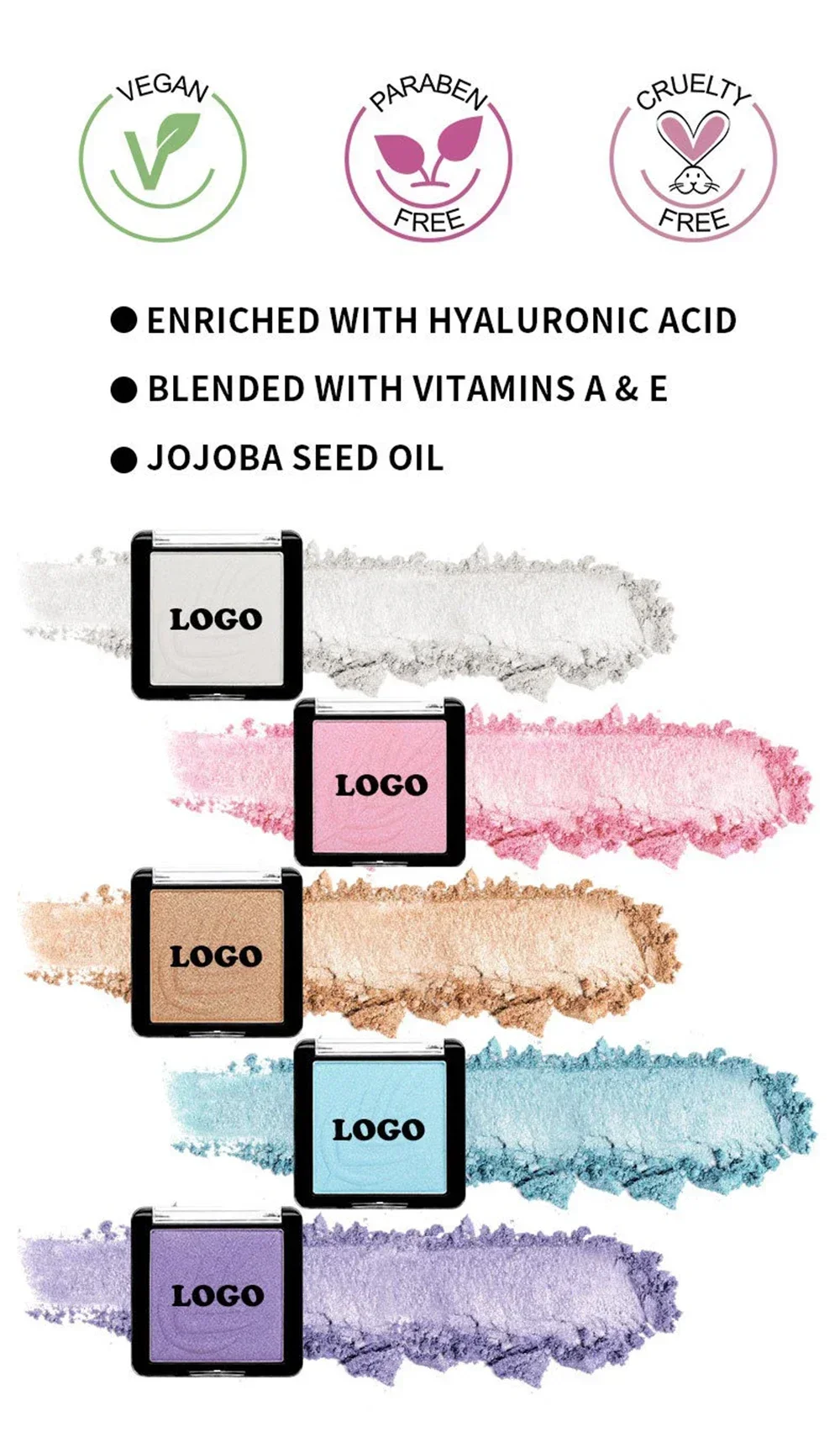 لوحة هايلايتر مربعة ذات علامة خاصة، شعار مخصص، مكياج غير لامع، ظل ناعم بيرليسسينت، وجه لامع، خالي من القسوة