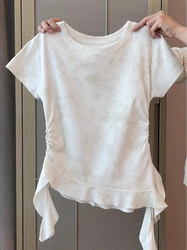 

Женская футболка больших размеров с эффектом тай-дай, коротким рукавом, летняя, с эффектом утягивания талии, повседневный модный топ для любого типа фигуры, с круглым вырезом