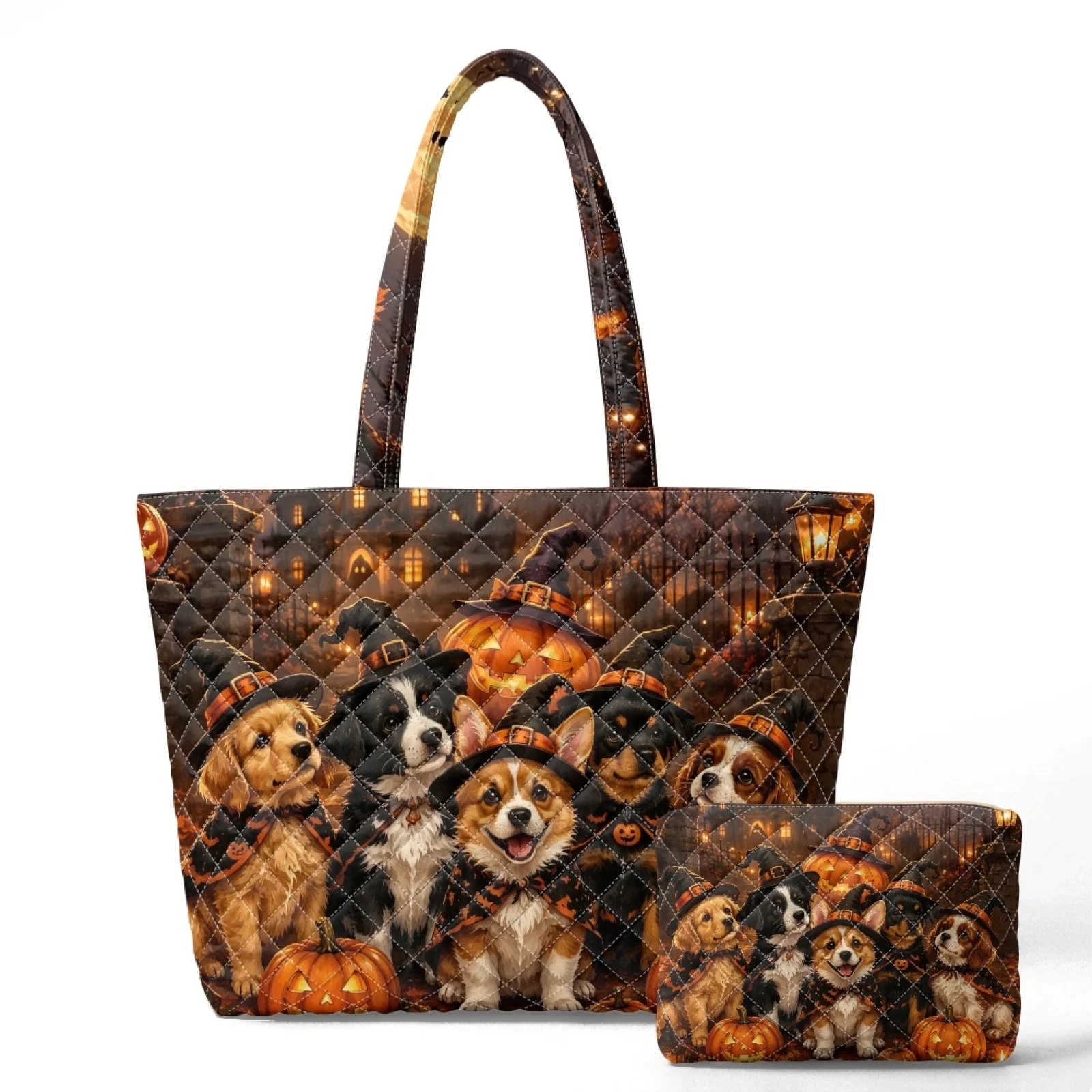 Coloranimal Halloween Puppy Pumpkin Pattern 2 Pcs Quilted Shoulder Bags Casual Shoulder Bag with Cosmetic Bag for Outdoor