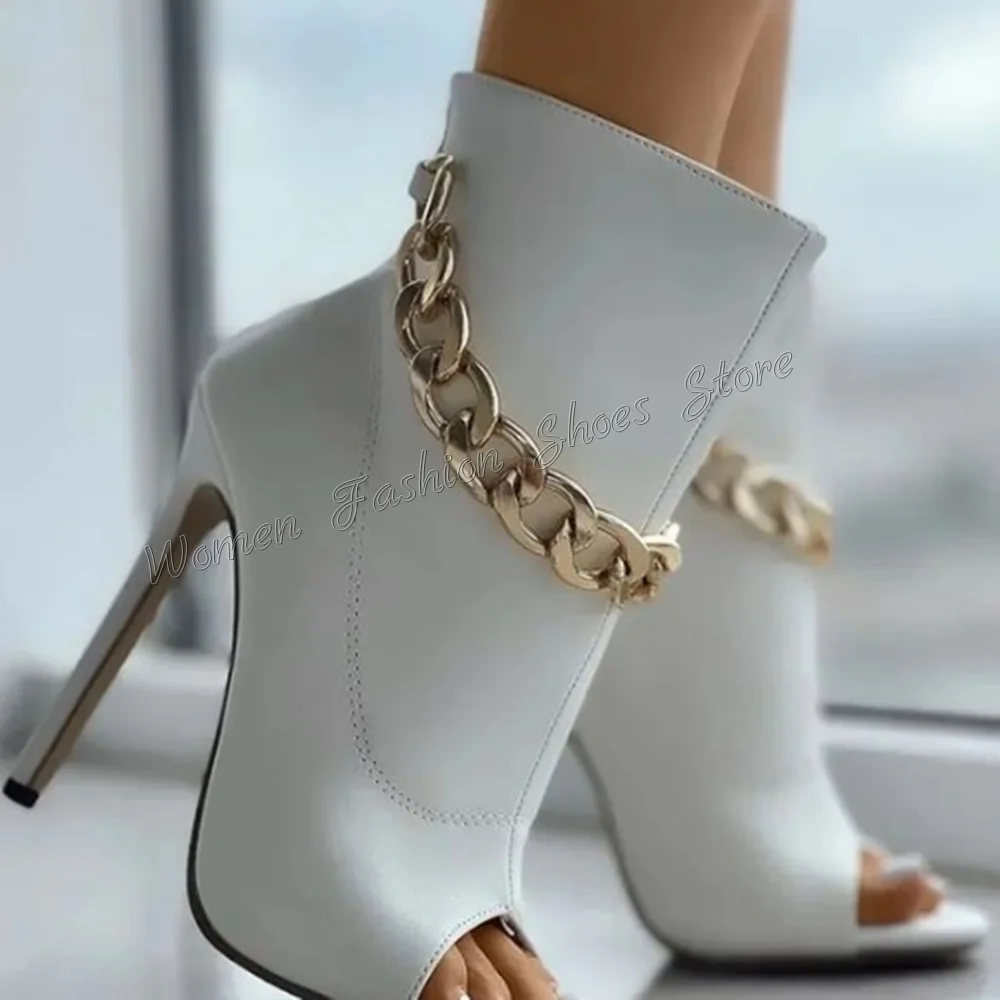 White Peep Toe Chain Decor Boots Stilettos High Heels Matte Leather High Heel Shoes for Women Heels 2024 New Zapatos Para Mujere