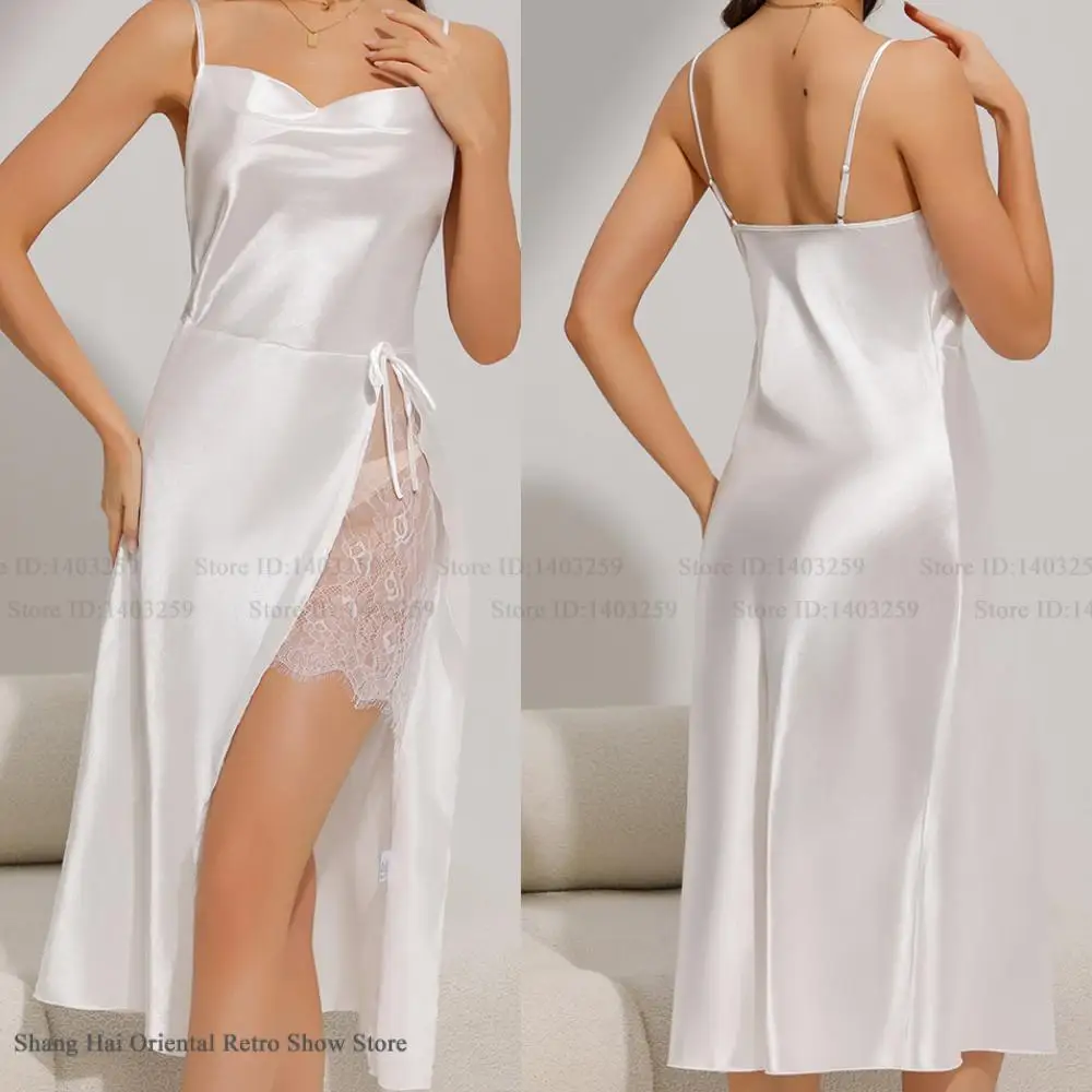 

Sexy Split Long Nightgown Intimate Lingerie Patchwork Lace Spaghetti Strap Nightdress Home Dress Summer Women's Sleepwer Nighty